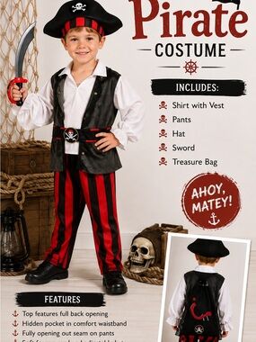 Kids Pirate Dress-Up Costume with Red & Black Striped Pants